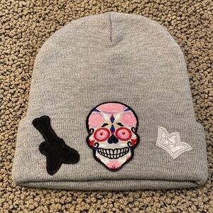 NWOT Gray Knit Hat with Patches on Front and Rhinestone Embellishment on Back
